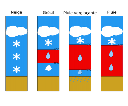 Un diagramme en quatre volets montre de la forme des précipitations selon les variations de température. De gauche à droite : neige – la température reste sous zéro du nuage au sol; grésil – la neige fond en passant par une mince couche d’air au-dessus de zéro, mais se recongèle avant de toucher le sol; pluie verglaçante – la neige fond en passant par une épaisse couche d’air au-dessus de zéro, mais se recongèle au contact du sol plus froid; pluie – l’air se réchauffe sous le nuage et se maintient au-dessus du point de congélation jusqu’au sol.