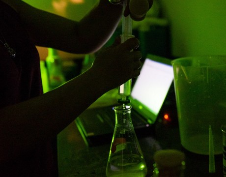 A researcher is standing in a dark room with green lighting. She holds a filter syringe with two hands as she transfers a liquid to an erlenmeyer.