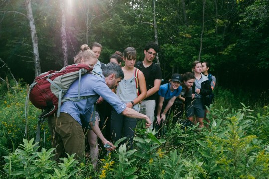 A biology professor teaches his undergraduate students about a plant he is pointing