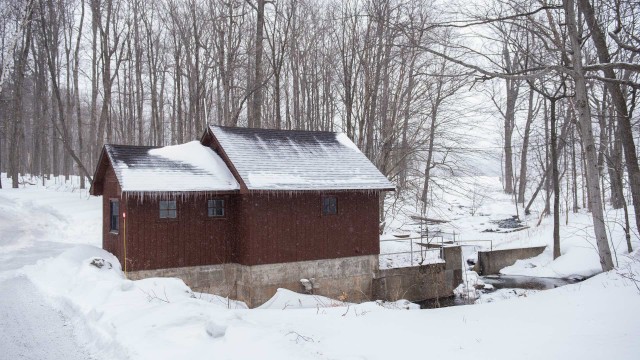 A wooden laboratory is situated along a stream in a forest in winter.