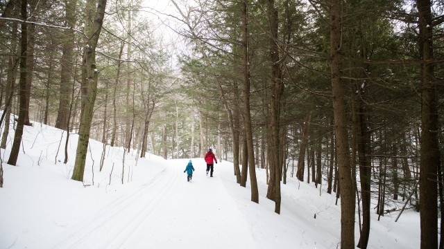 Photo d'un homme vêtu d'un manteau rouge et d'une enfant courant sur un sentier enneigé.