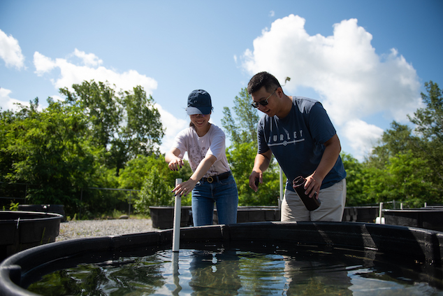 Une étudiante et un étudiant échantiollonnent l’eau d’un bassin noir.